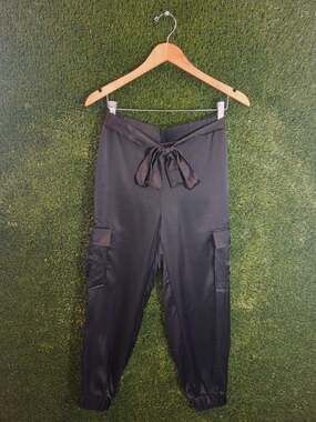 Sincerely Jules Black Satin Jogger Cargo Pants Size M Tie Waist High Rise...